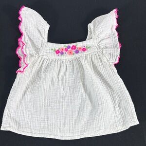 Cat & Jack White Muslin Top with Pink Trim and Floral Embroidery